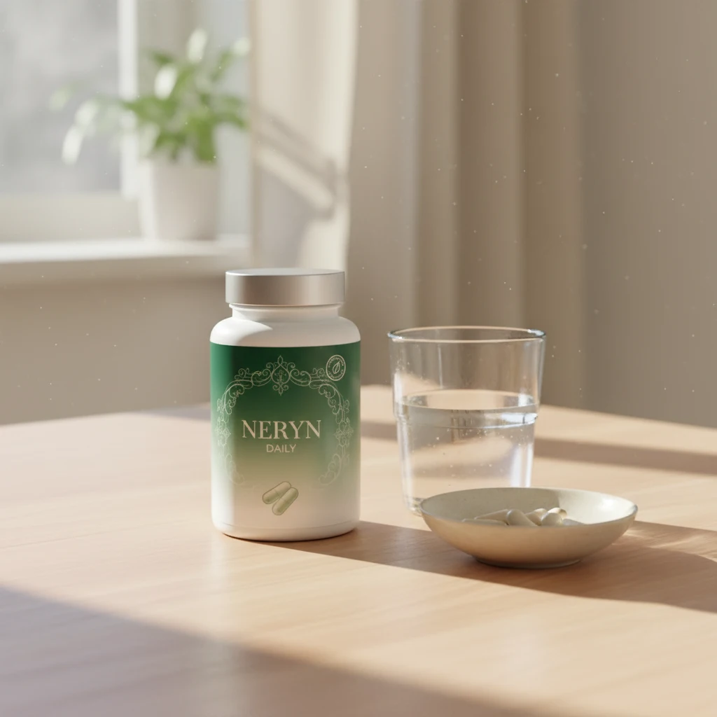 Neryn Daily Flasche auf einem hellen Küchentisch neben einem Glas Wasser und Mandeln - tägliche Einnahmeroutine